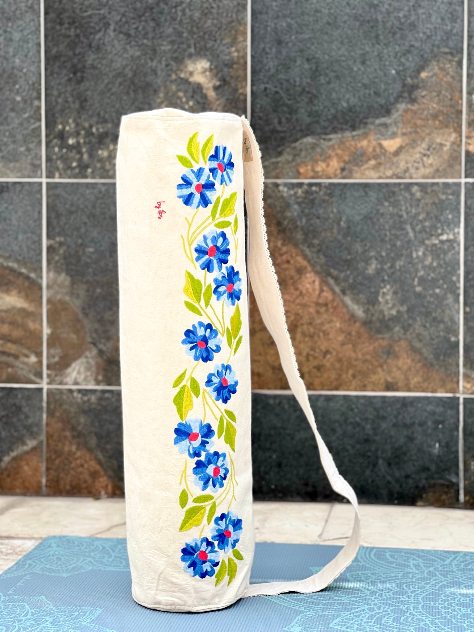 Bolsa para tapete de yoga - Flores bordadas