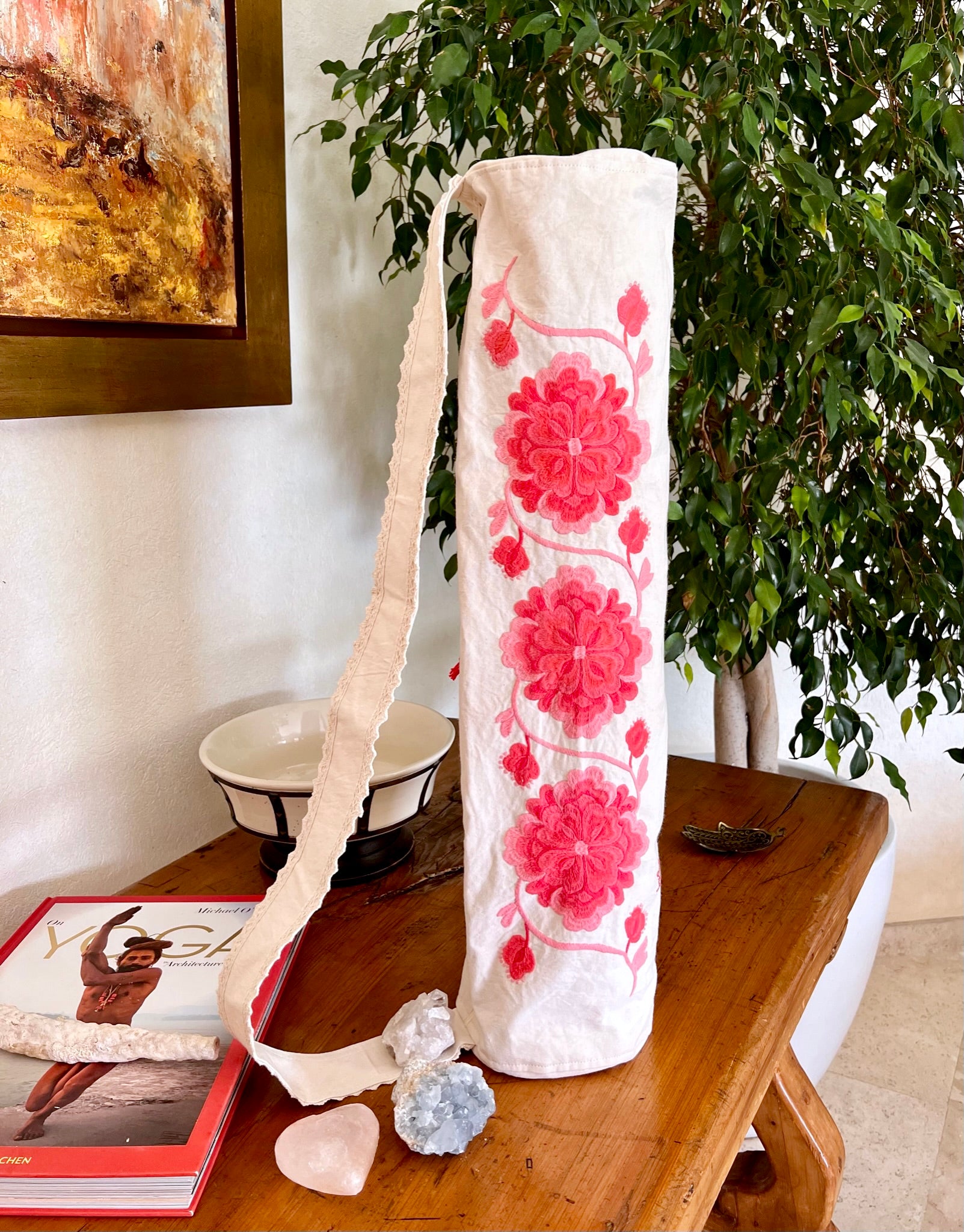 Bolsa para tapete de yoga - Flores Rosas bordadas