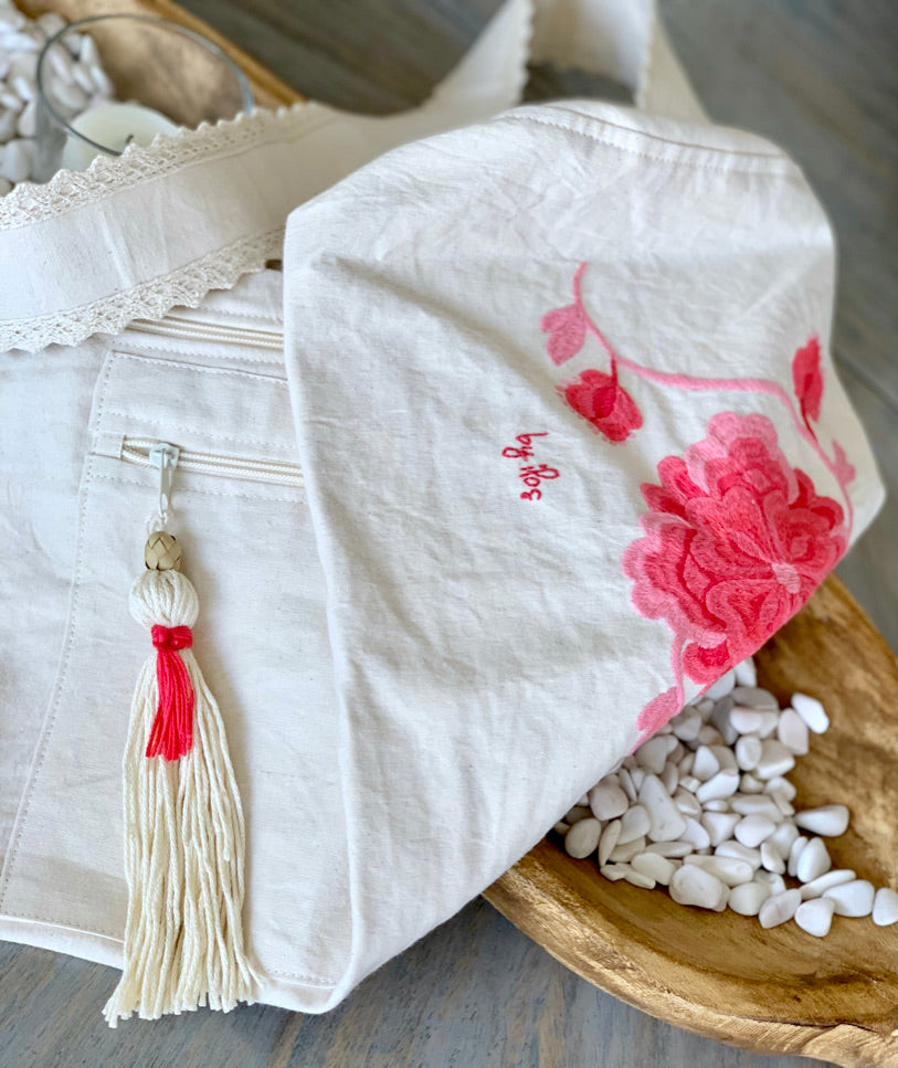 Bolsa para tapete de yoga - Flores Rosas bordadas