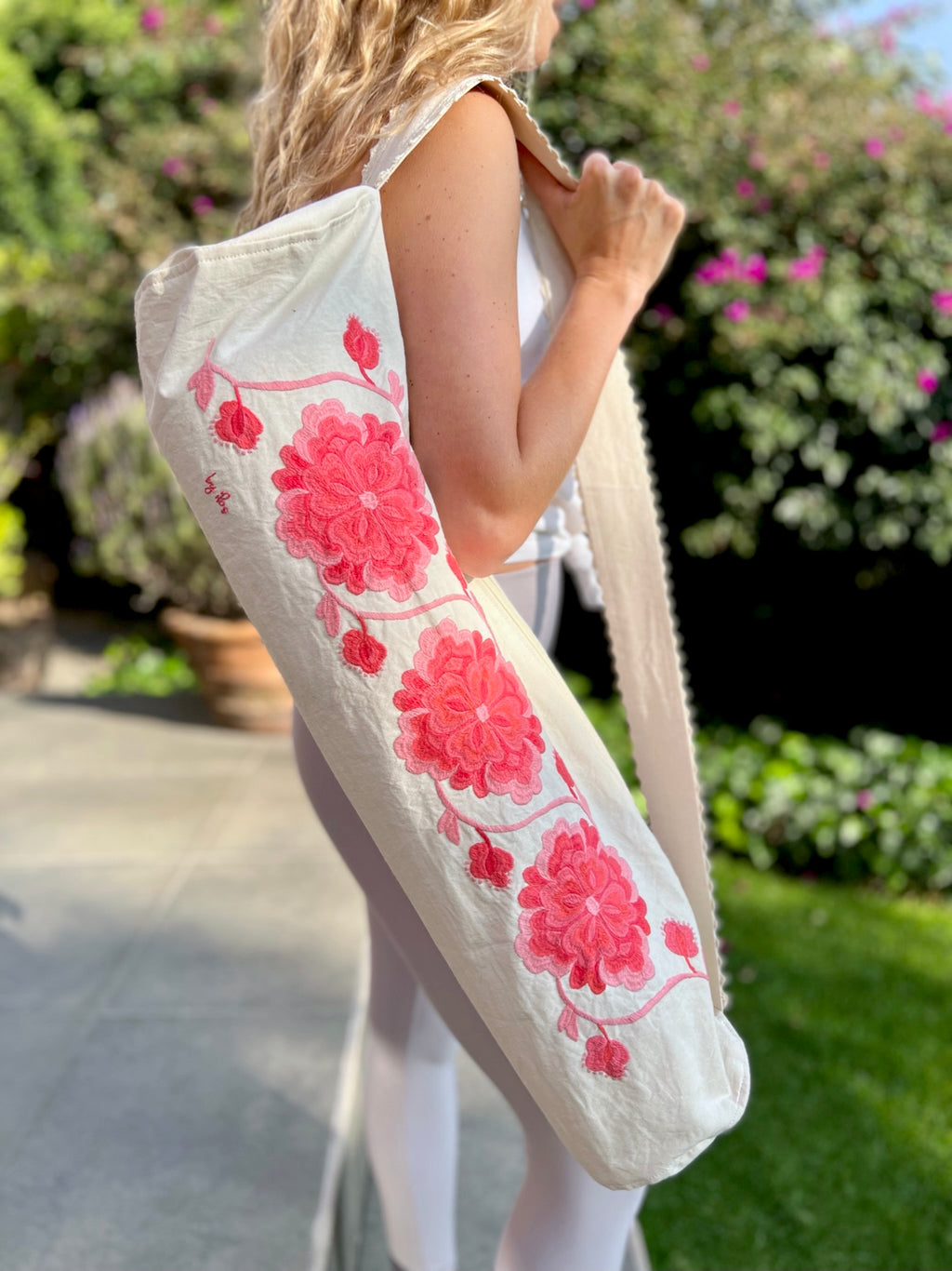 Bolsa para tapete de yoga - Flores Rosas bordadas
