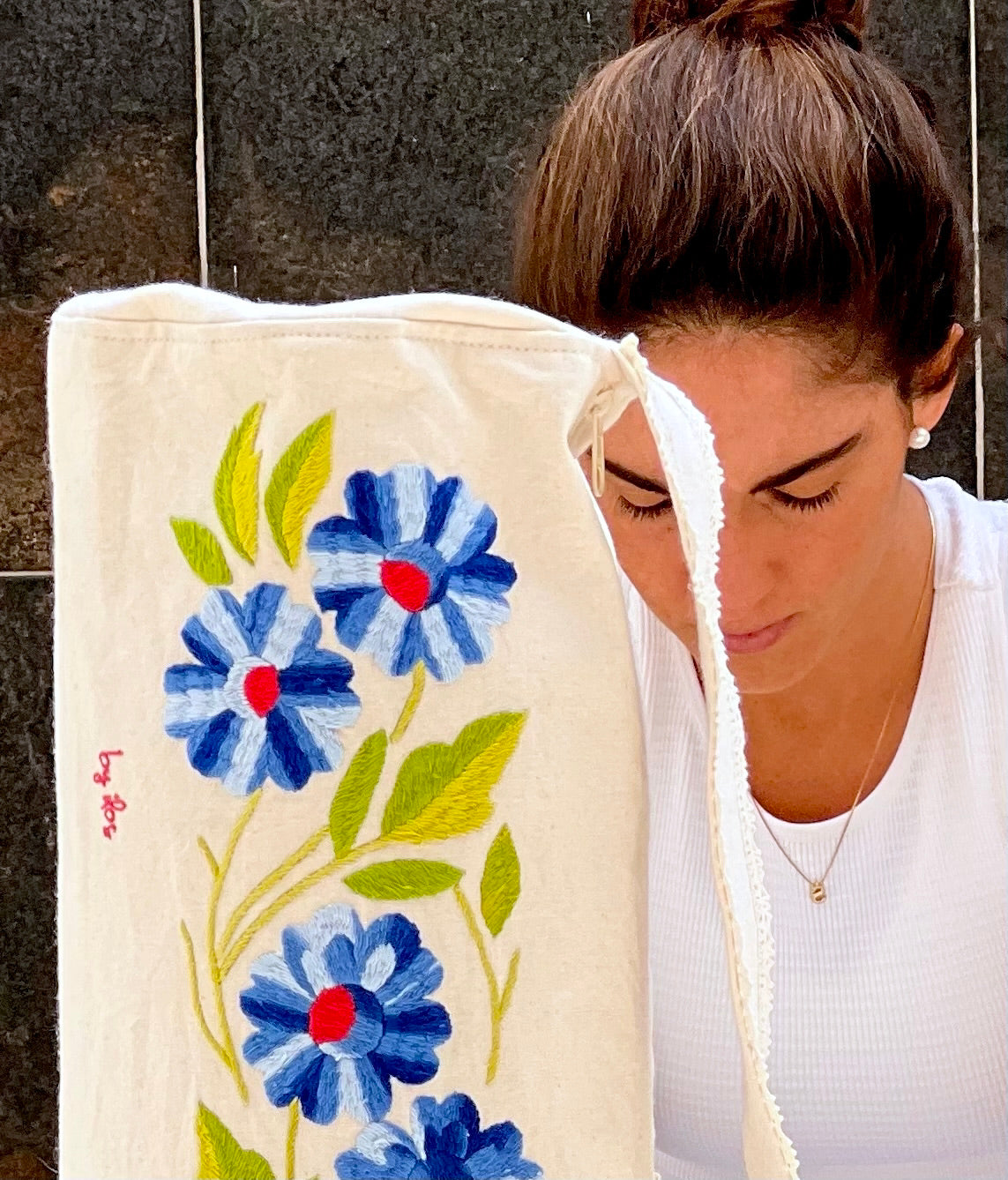 Bolsa para tapete de yoga - Flores bordadas